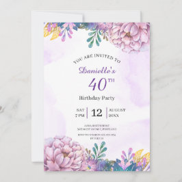 convite floral aniversário de 40 anos púrpura