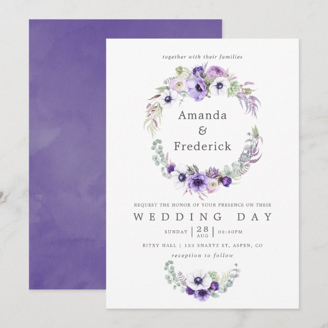 Convite Floral Aquarela para Casamento Violeta Emp (Frente/Verso)