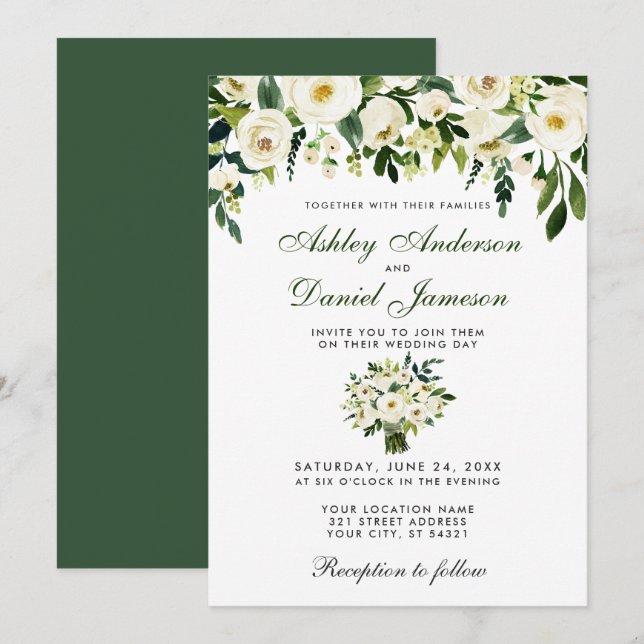Convite Floral Aquarela Verde Branco Casamento G (Frente/Verso)