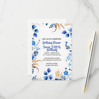 Convite Floral Azul Bebê e Prata Editável,