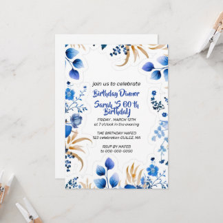 Convite Floral Azul Bebê e Prata Editável,