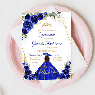 Convite Floral Azul Dourado Quinceanera