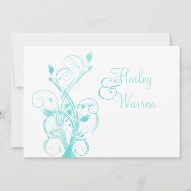 Convite floral azul e branco do Aqua do casamento (Frente)