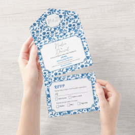 Convite Floral Azul e Branco para Casamento e RSVP