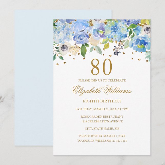 Convite Floral Azul Elegante para 80º Aniversário (Frente/Verso)