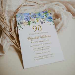 Convite Floral Azul Elegante para 90º Aniversário