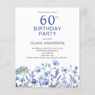 Convite Floral Azul para Aniversário de 60 anos Ec