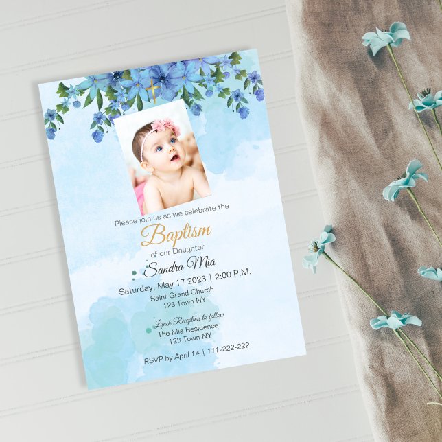 Convite Floral Azul para Batismo (Blue Floral Baptism Invite)