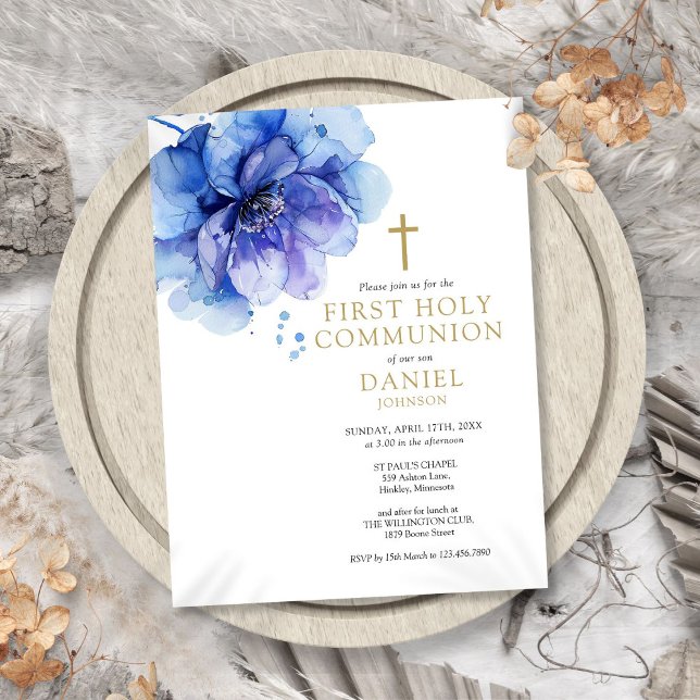 Convite Floral Azul para Primeira Comunhão em Aqua (Watercolor Floral Blue First Holy Communion Invite)