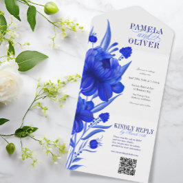 Convite Floral Azul Personalizado com RSVP QR