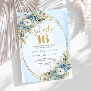 Convite Floral Azul Poético Sweet 16 Airy Dusty