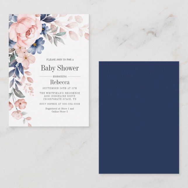Convite Floral Azul Rosa para Chá de Bebê (Frente/Verso)