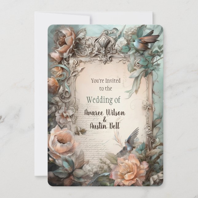 Convite Floral Azul Rosa-Rosa Vitoriano Pastel (Frente)