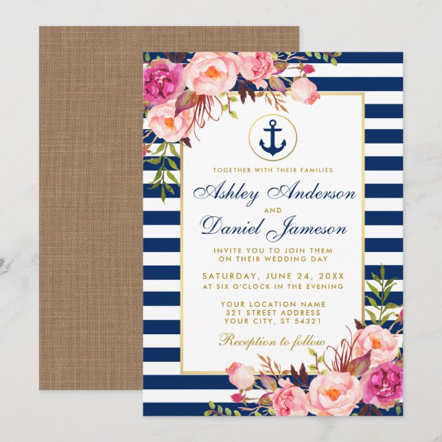 Convite Floral B, Cor-de-rosa, Azul Náutico Casado (Frente/Verso)