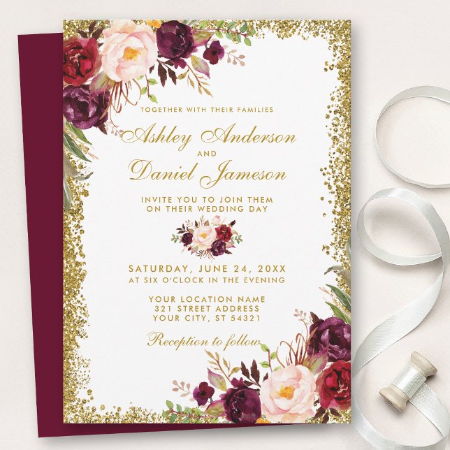 Convite Floral B para Casamento Floral Dourado Bur (Customize to change text color, style, add text & photos to back or change color of back of card.)