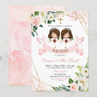 Convite Floral Bautizo Dourado Rosa Gêmeo Espanhol