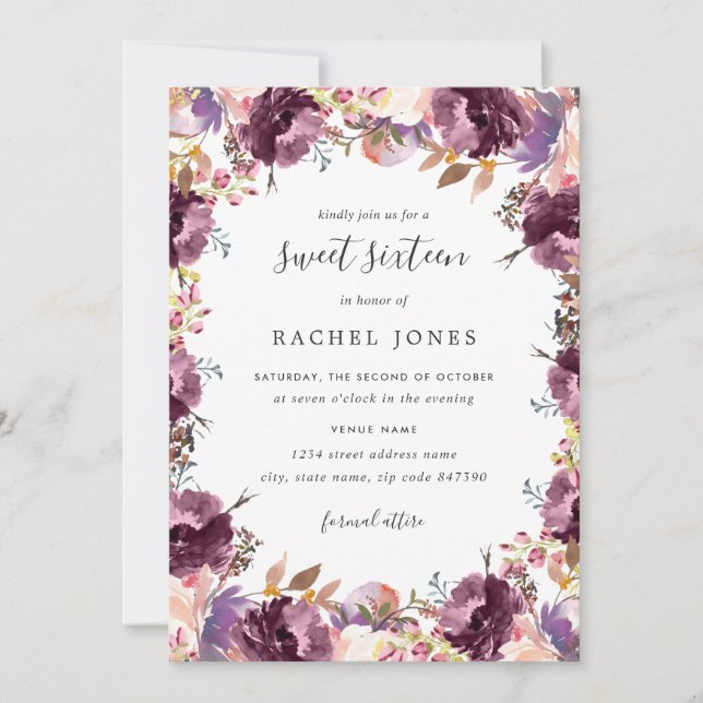 Convite Floral Bloom Roxo Sweet 16 (Frente)