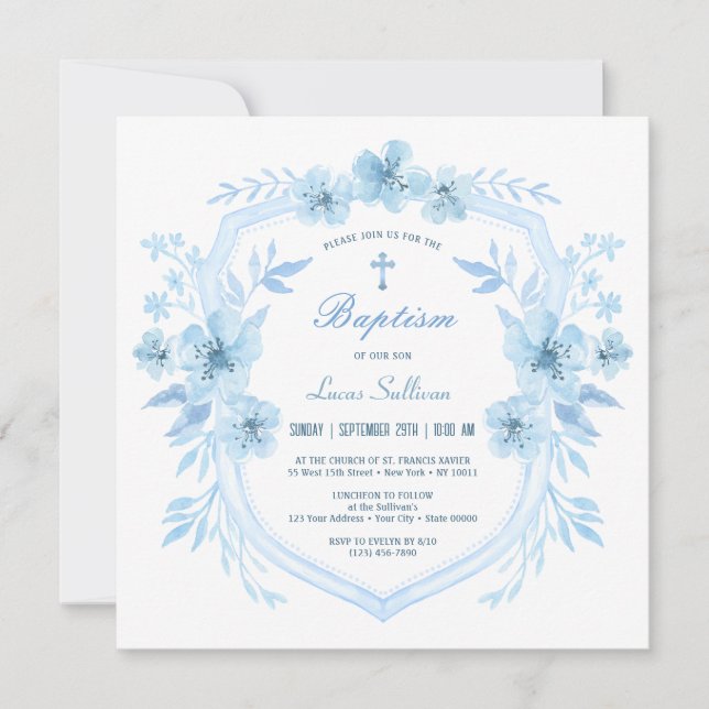 Convite Floral Blue Crest Baptism (Frente)