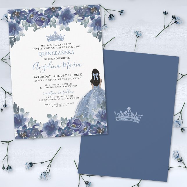 Convite Floral Blue Quinceanera (Floral Blue Quinceanera Invitation)