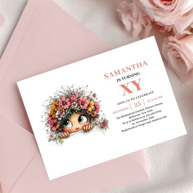Convite Floral Blush para o 6º Aniversário da Meni (Cute Fairy Girl 6th Birthday Floral Blush invitation)
