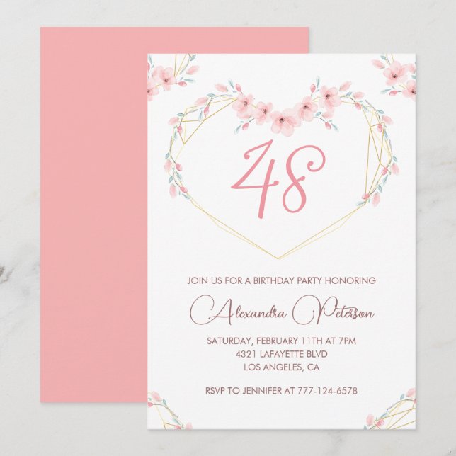 Convite Floral Boho Aquarela Rosa 48 anos de idade (Frente/Verso)