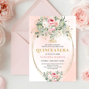 Convite Floral Boho Quinceañera Rosa e Dourado Ele