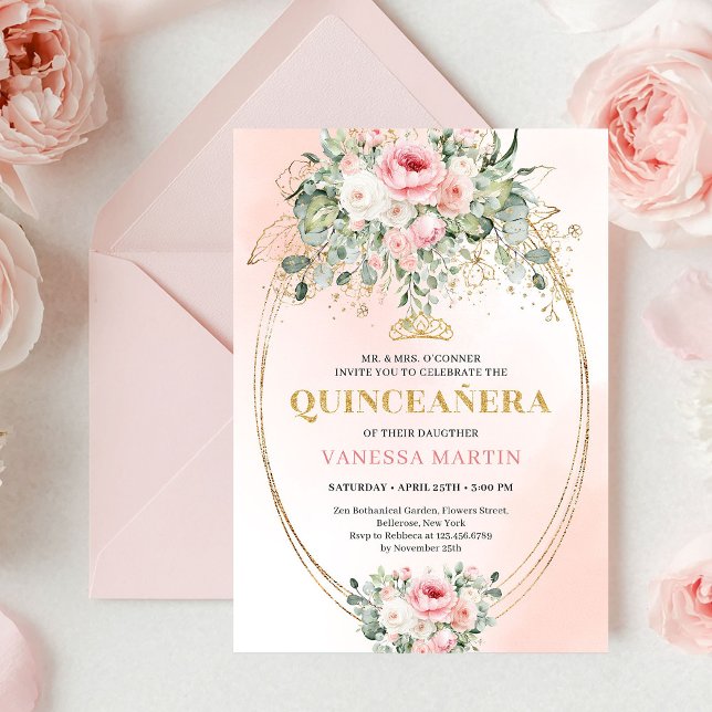 Convite Floral Boho Quinceañera Rosa e Dourado Ele (Elegant Blush & Gold Boho Quinceañera Floral Invite)