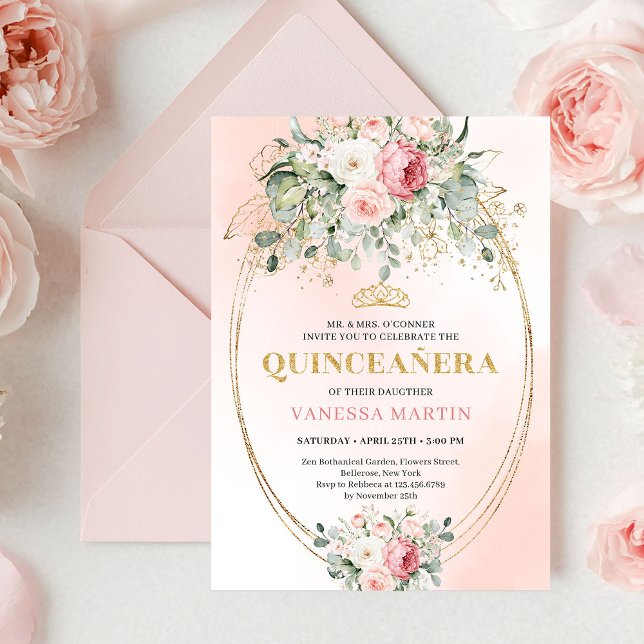 Convite Floral Boho Rosa para Quinceañera Jardim (Garden Blush Pink Boho Quinceañera Floral Invitation)