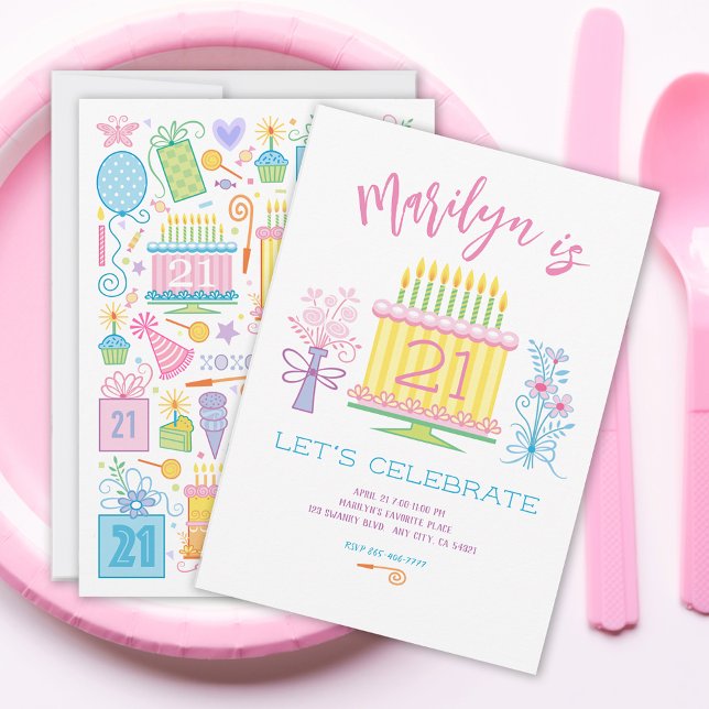 Convite Floral Bonito ao Bolo de aniversário de 21 (Criador carregado)