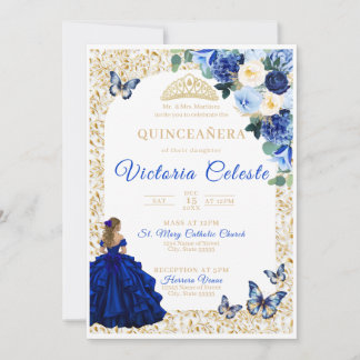Convite Floral Borboleta Dourada Azul Real Quincea