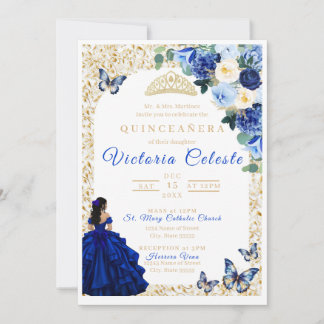 Convite Floral Borboleta Dourada Azul Real Quincea