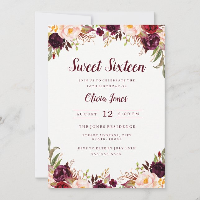 Convite Floral Borgonha para Sweet Sixteen (Frente)