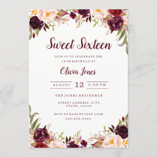 Convite Floral Borgonha para Sweet Sixteen