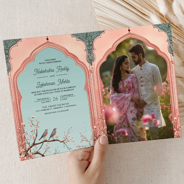 Convite Floral Branch Romantic Birds Indian Wedding Photo (Inside)