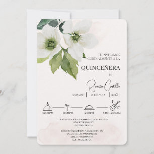 Convite Floral Branco Espanhol de quinceañera