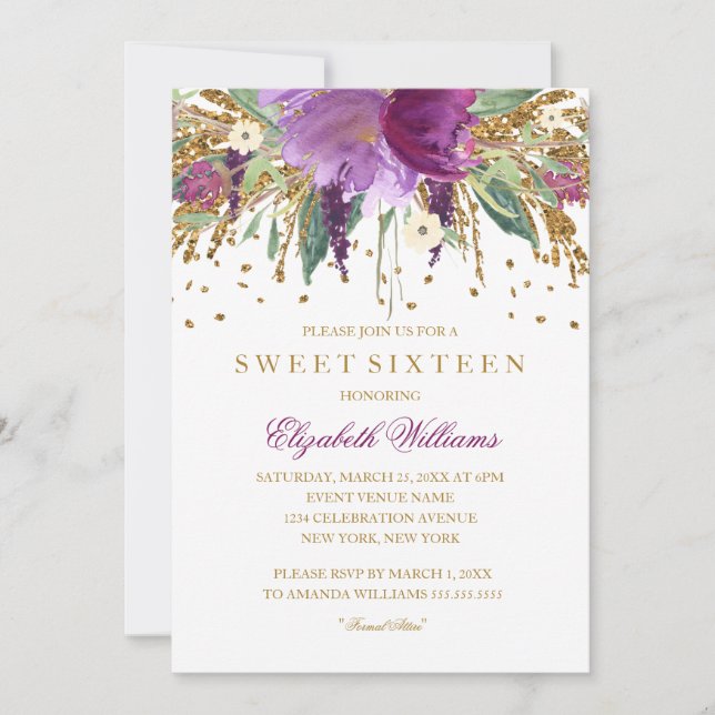 Convite Floral Brilhante Amethisto Sweet 16 (Frente)