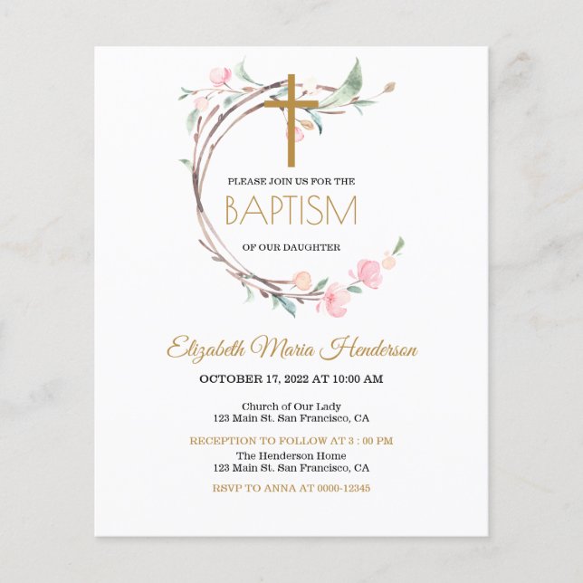 Convite Floral/BUDGET/Rapariga Baptism. Folheto (Frente)