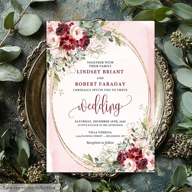 Convite Floral Burgundy Boho Sofisticado em Dourad (Stylish Boho Burgundy Blush Gold Floral Invitation)