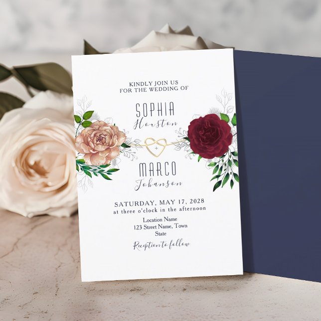 Convite Floral Burgundy Navy Elegante (Criador carregado)