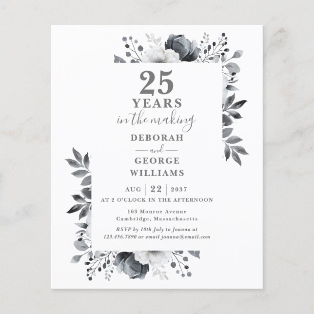 Convite Floral Chic Budget 25º Aniversário de Casa (Frente)