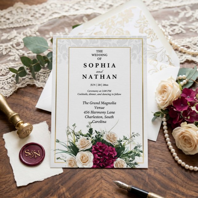 Convite Floral Clássico com Moldura de Ouro Elegan (Criador carregado)