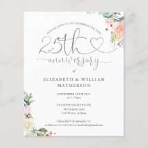 Convite Floral com Coração de Aniversário de 25 an
