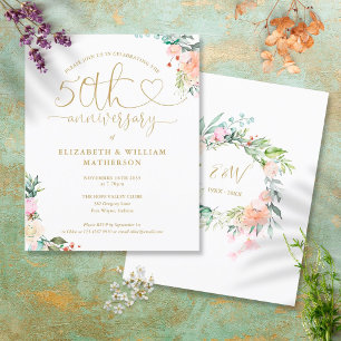 Convite Floral com Coração de Aniversário de 50 an