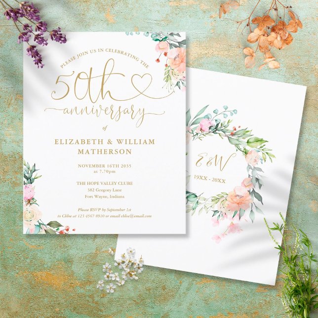 Convite Floral com Coração de Aniversário de 50 an (Criador carregado)