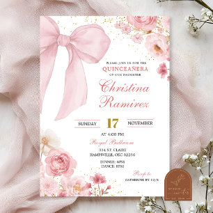 convite floral coquette laço rosa Quinceanera
