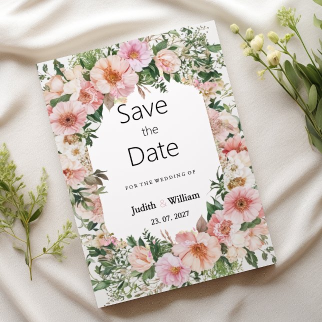 Convite floral cor-de-rosa botânico Save the Date  (Botanical pink blossom summer floral Save the Date )
