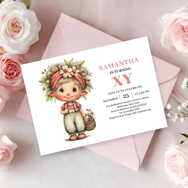 Convite Floral Cor-de-Rosa Caprichoso para Anivers (Fairy Girl Birthday Whimsical Pink Floral invitation)