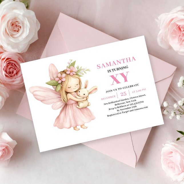 Convite Floral Cor-de-Rosa de Aniversário da Menin (Cute Pink Fairy Girl Birthday Floral Blush invitation)
