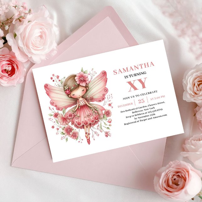 Convite Floral Cor-de-Rosa de Aniversário da Menin (Cute Fairy Girl Birthday Floral Pink Invitation)