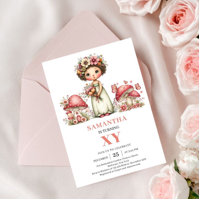 Convite Floral Cor de Rosa para 8º Aniversário da  (Starlight Fairy 8th Birthday Blush Floral Invitation)
